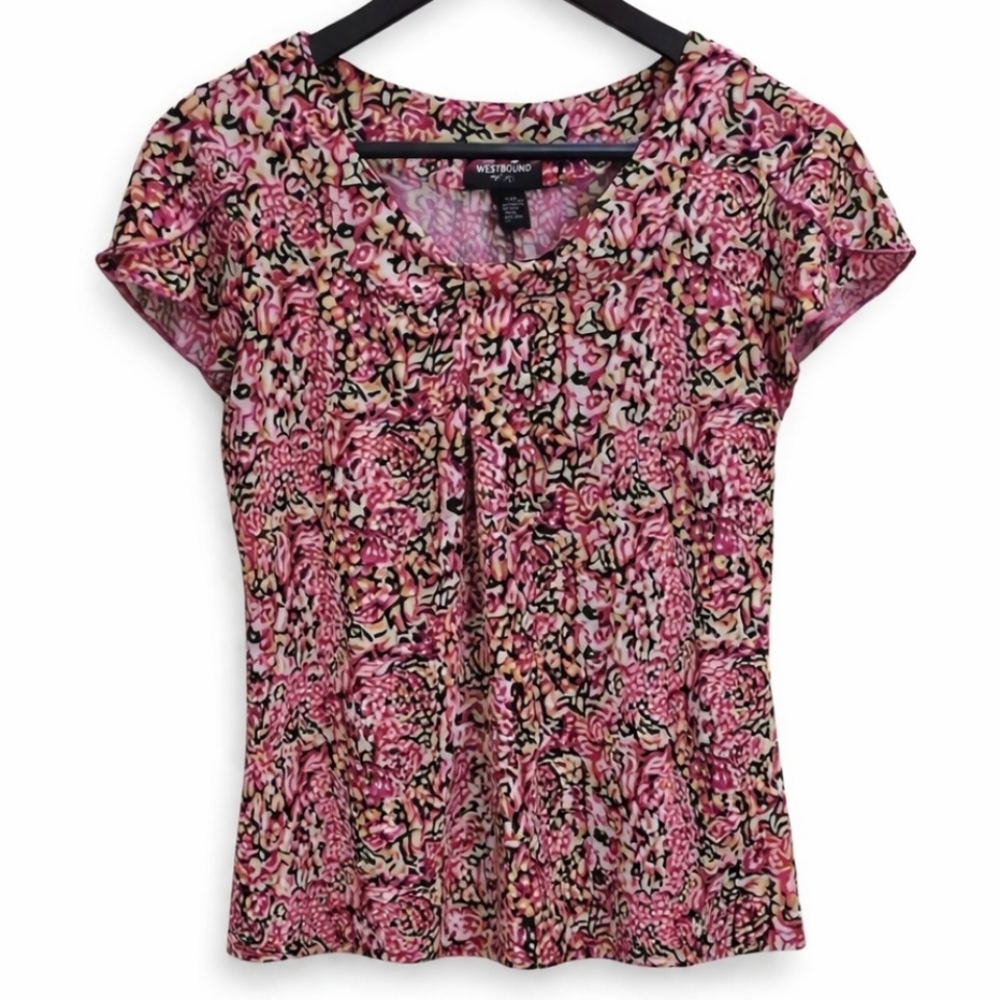 Alfani Pink Black Yellow Abstract Geometric Floral Ruffle Sleeve Blouse Sz PM